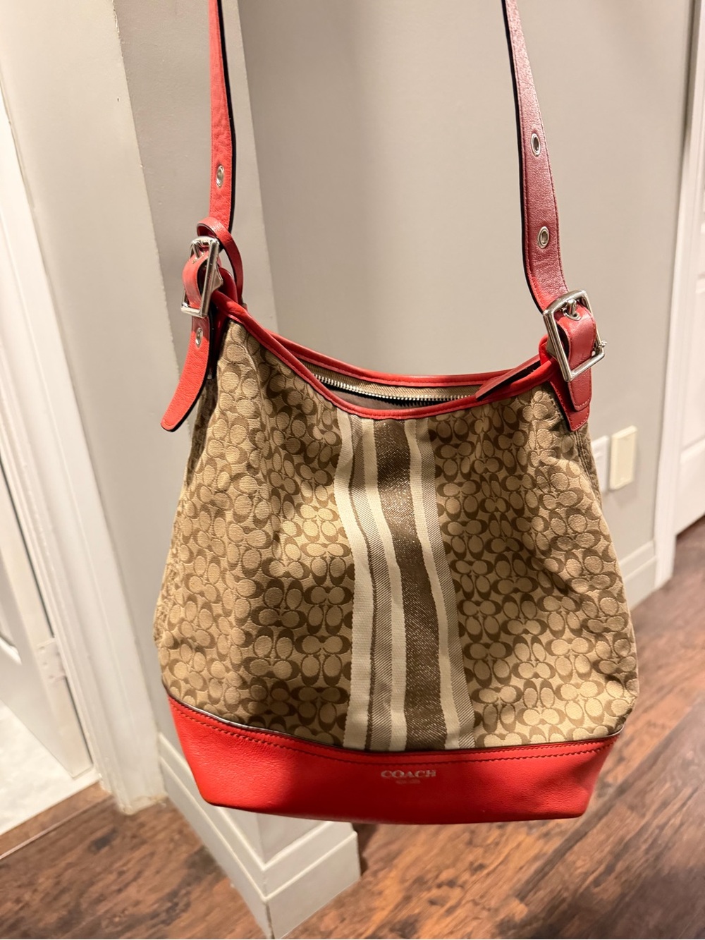 Coach Tan Signature Canvas Shoulder Bag with Red Trim